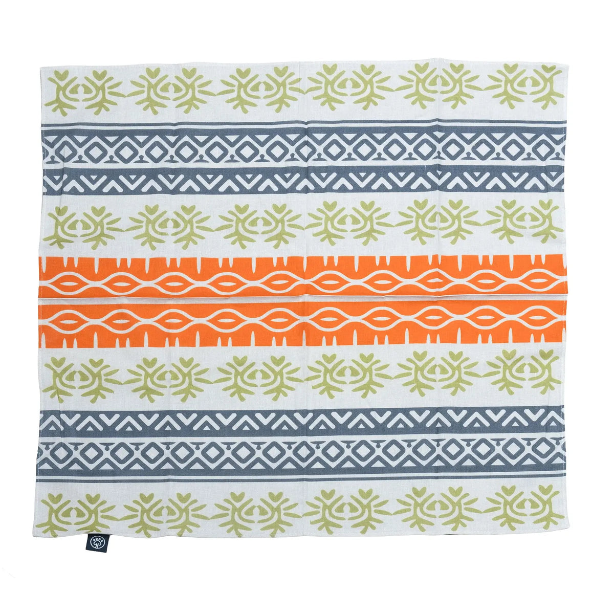 The Palo Verde Dog Bandana laid flat, showing green, navy and orange patterned stripes.