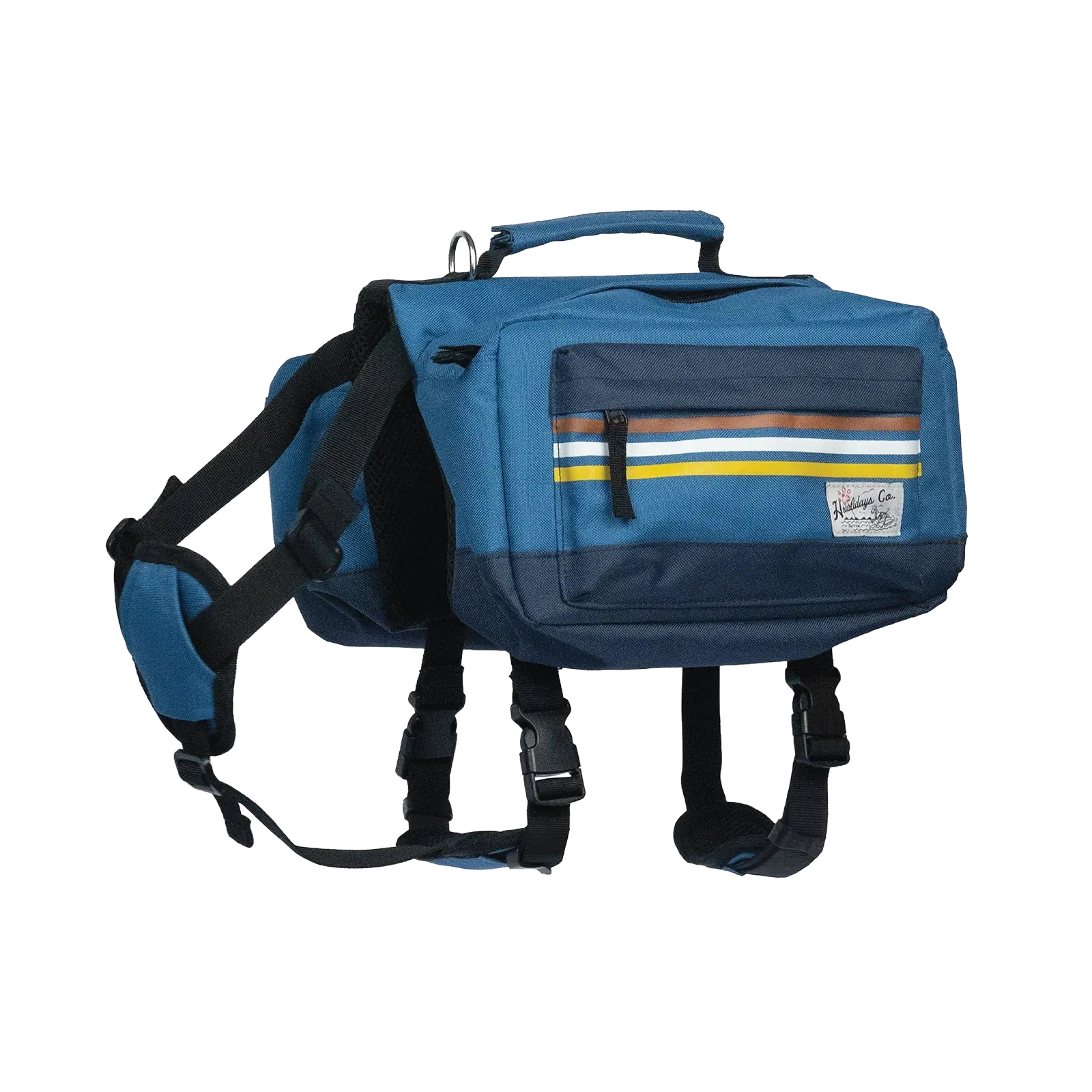 Vue à 45 degrés d’un sac à dos résistant pour chien, présentant son design ergonomique et son maintien sûr.
