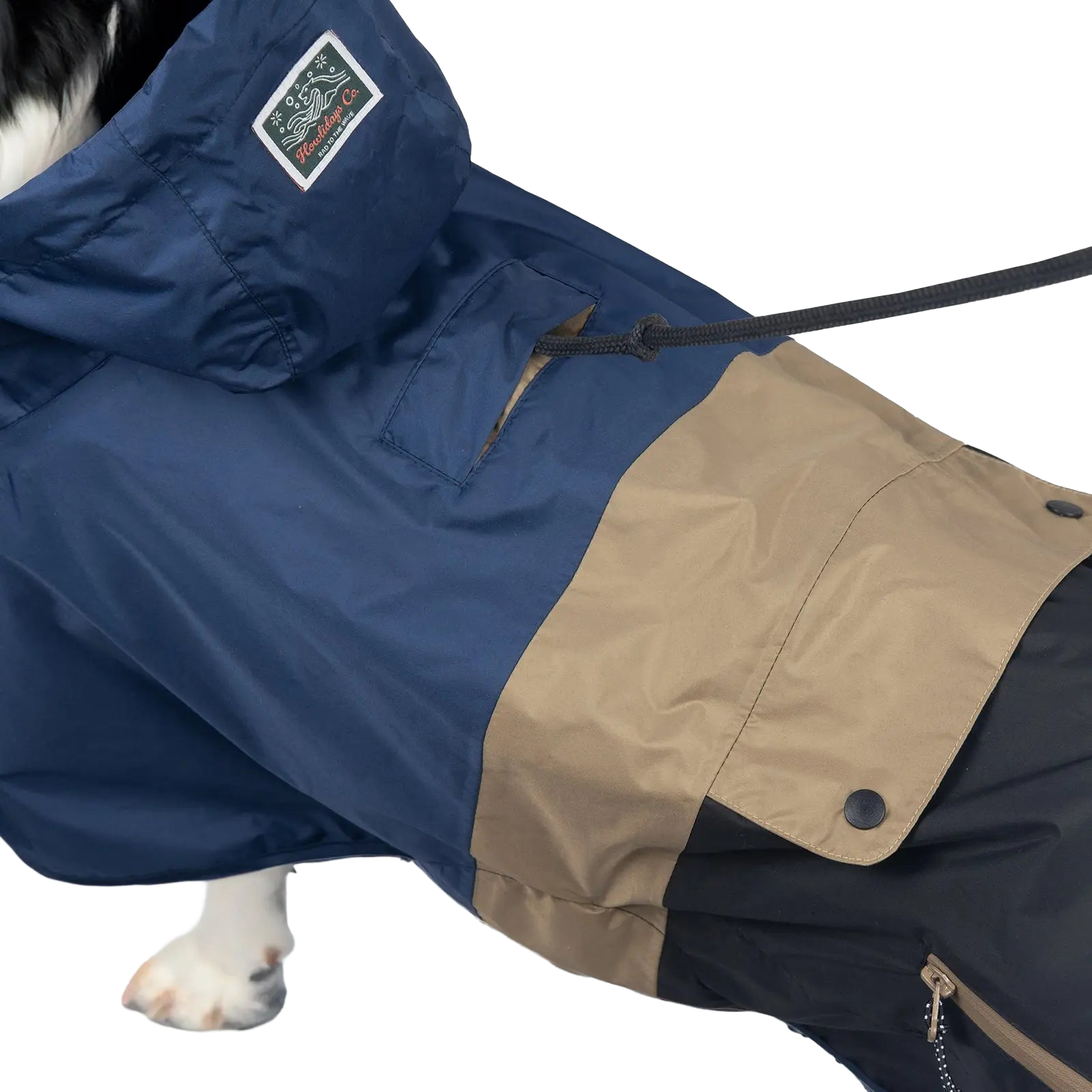 Vue arrière de l’imperméable pour chien Baja Coastline avec ouverture sécurisée pour la laisse, idéal pour garder les chiens au sec avec un harnais.