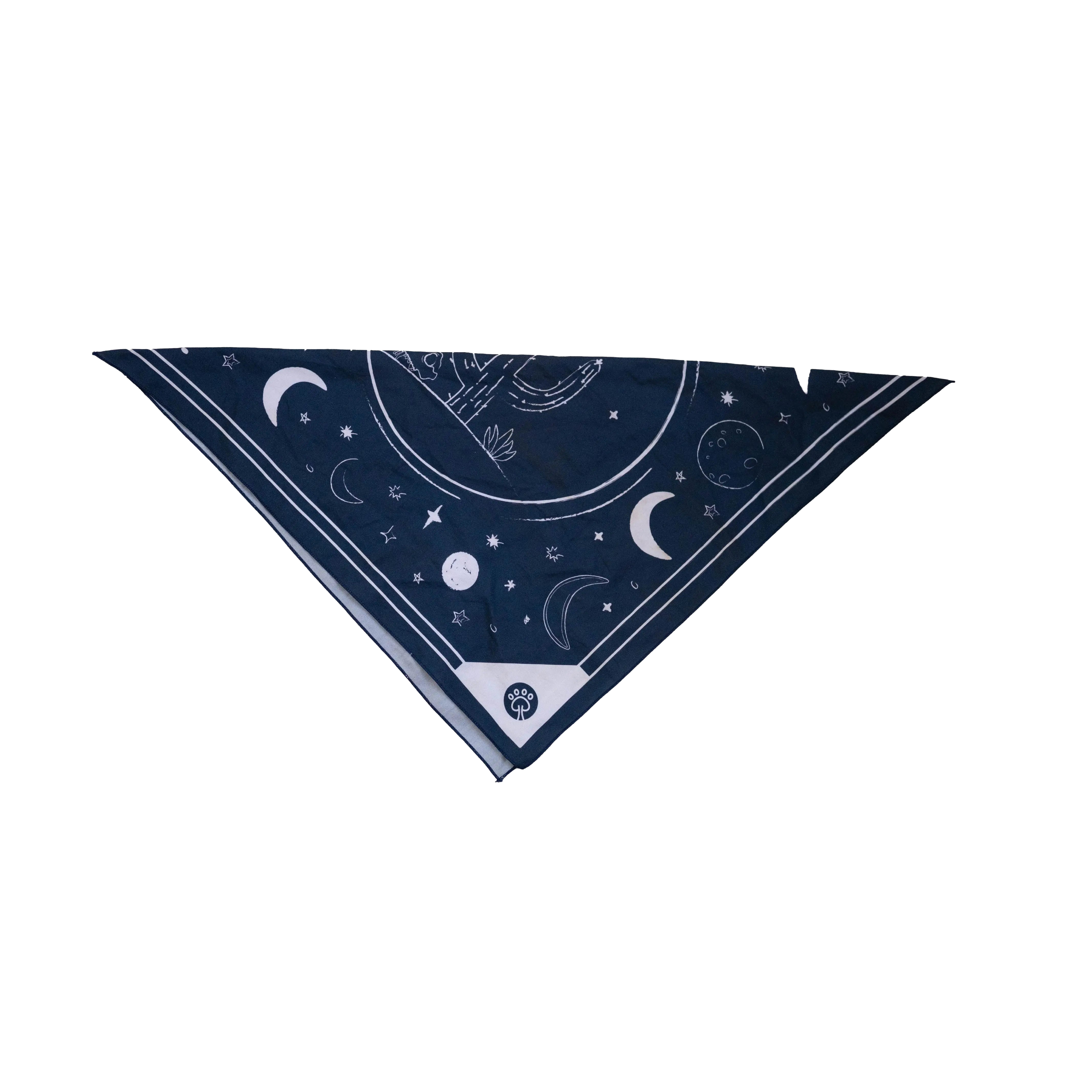 Bandana pour chien Desert Night posé à plat, montrant le logo et les détails du tissu.