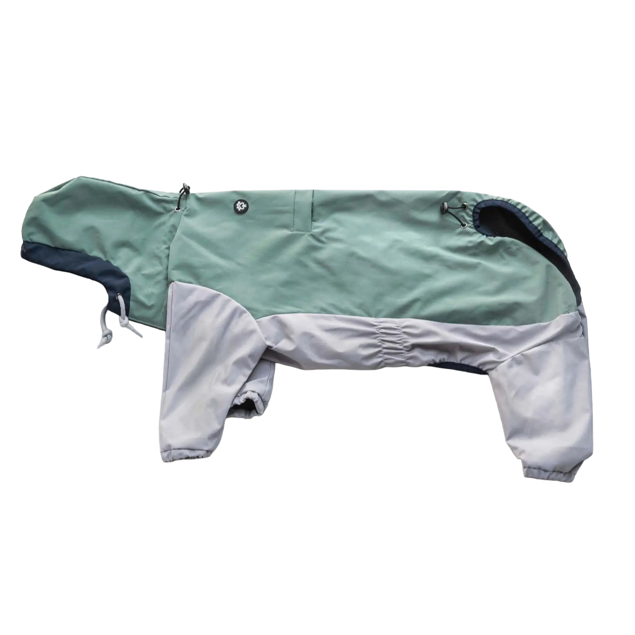 Vue de profil d’un imperméable pour chien, mettant en valeur la coupe, la couverture et la protection imperméable en plein air.