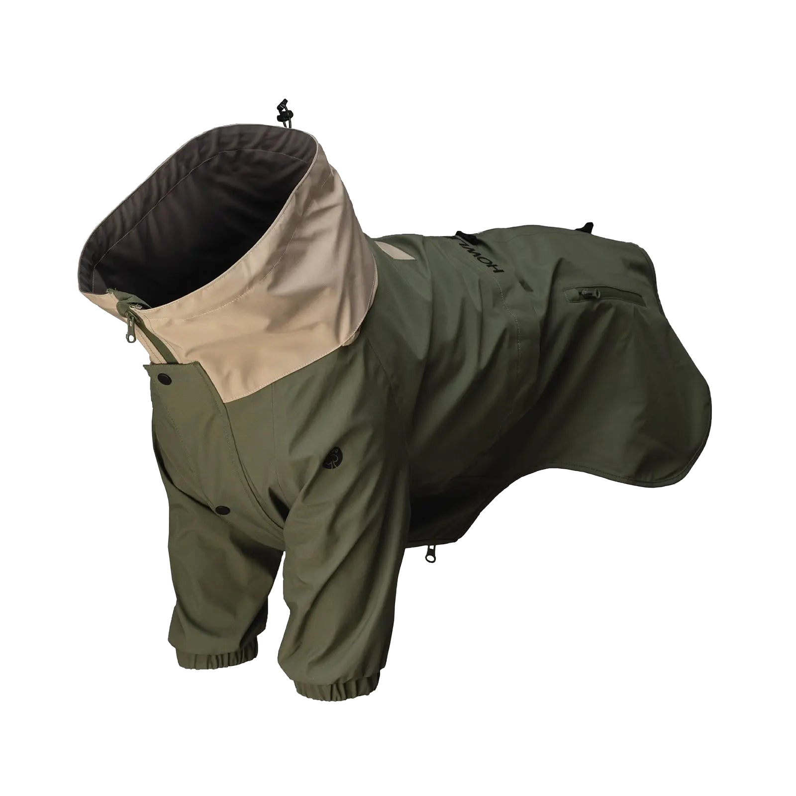 Vue à 45 degrés d’une veste de pluie légère et coupe-vent pour chien, avec jambes, offrant une couverture complète et une liberté de mouvement.