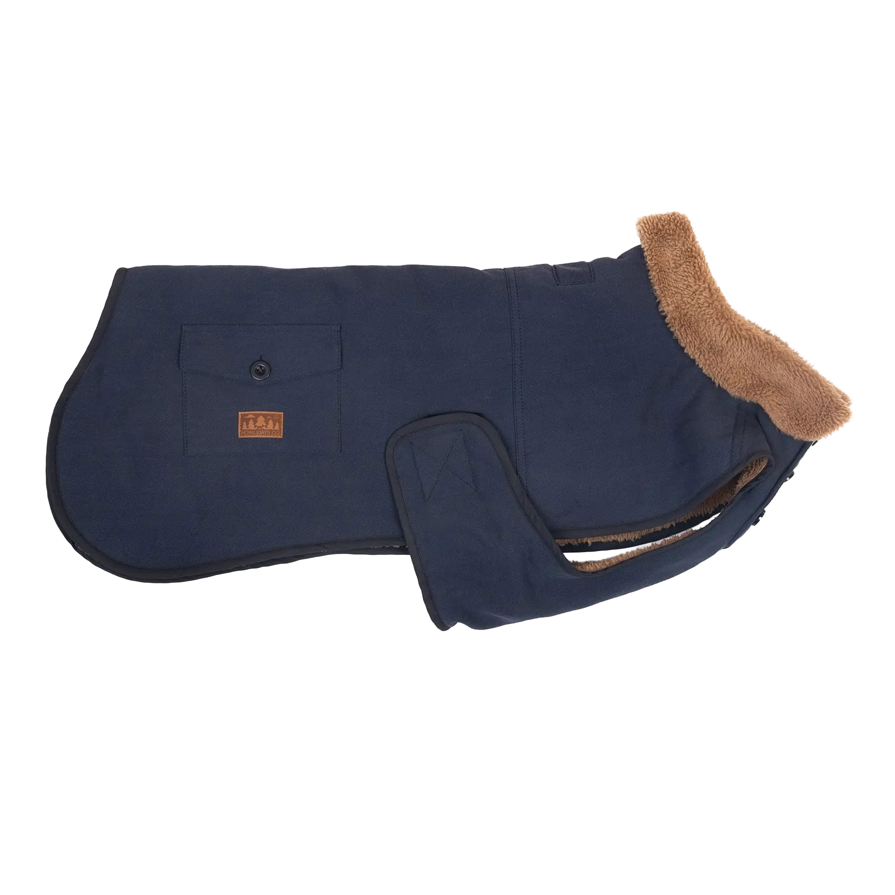 Profil d’une veste isolante élégante pour chien avec fermeture autoagrippante réglable pour un maintien sûr et confortable.